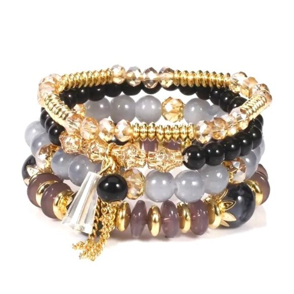 ✨NEW✨ Crystal Beaded Bohemian 4pc Bracelet Set - Black/Gold and Rose/Gold - Picture 1 of 6